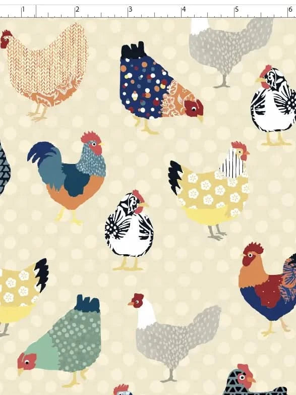 A fabric with a pattern of colorful patchwork chickens on a light background with polka dots.
