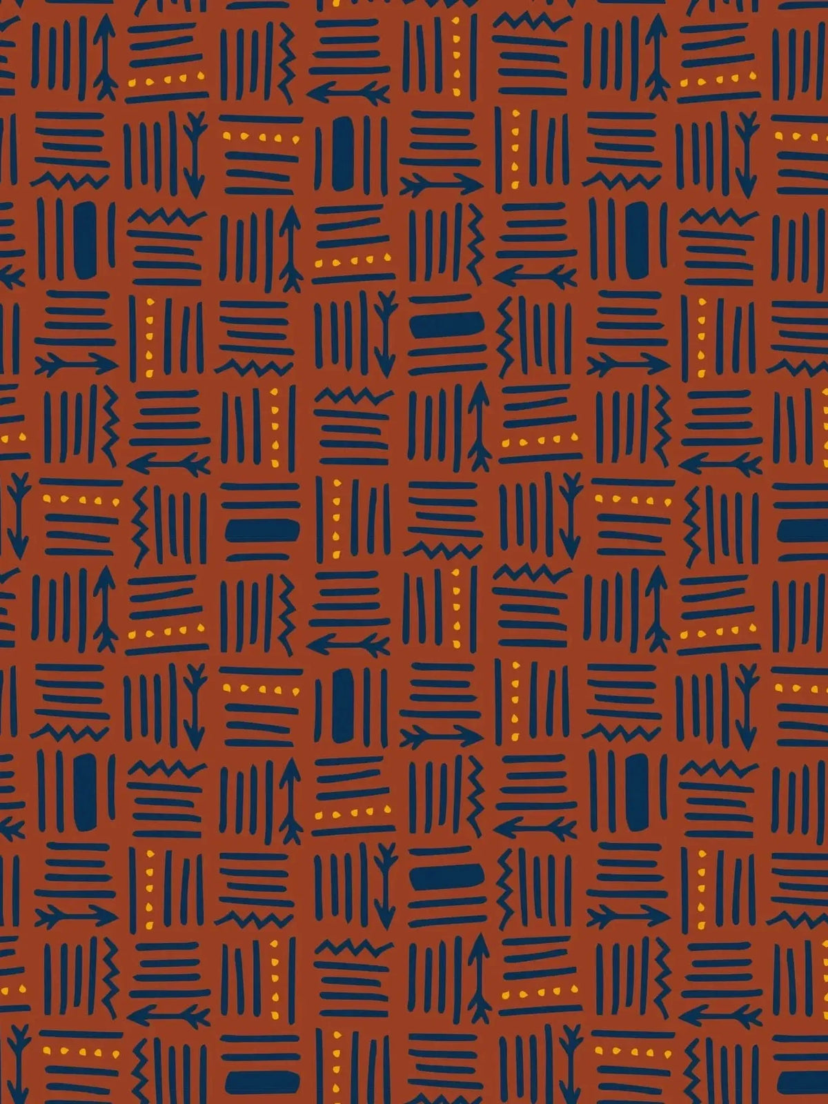 A fabric with a repeating pattern of blue and yellow tribal-style markings on a rust-colored background.