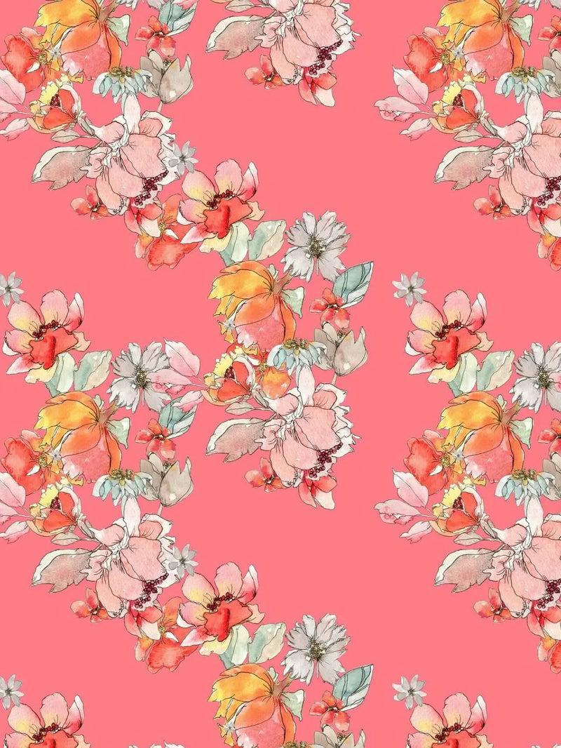 A pink fabric with a repeating pattern of watercolor flowers in orange, pink, and white.
