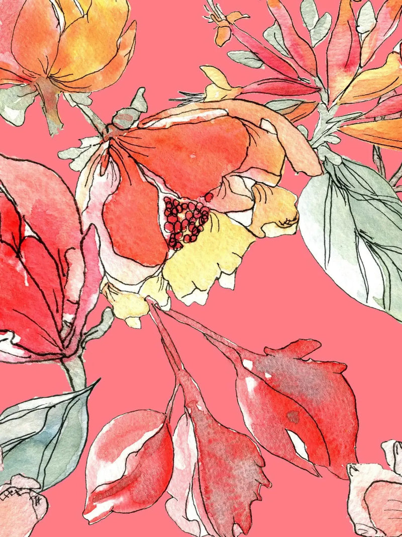 Watercolor illustration of coral and orange flowers with green leaves on a pink background.