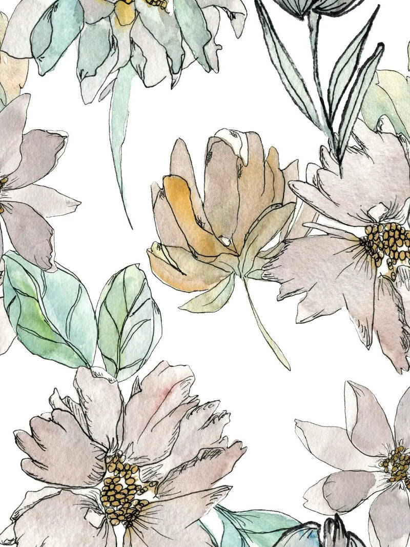 A white fabric with a watercolor floral pattern in muted grey, green, and brown tones.