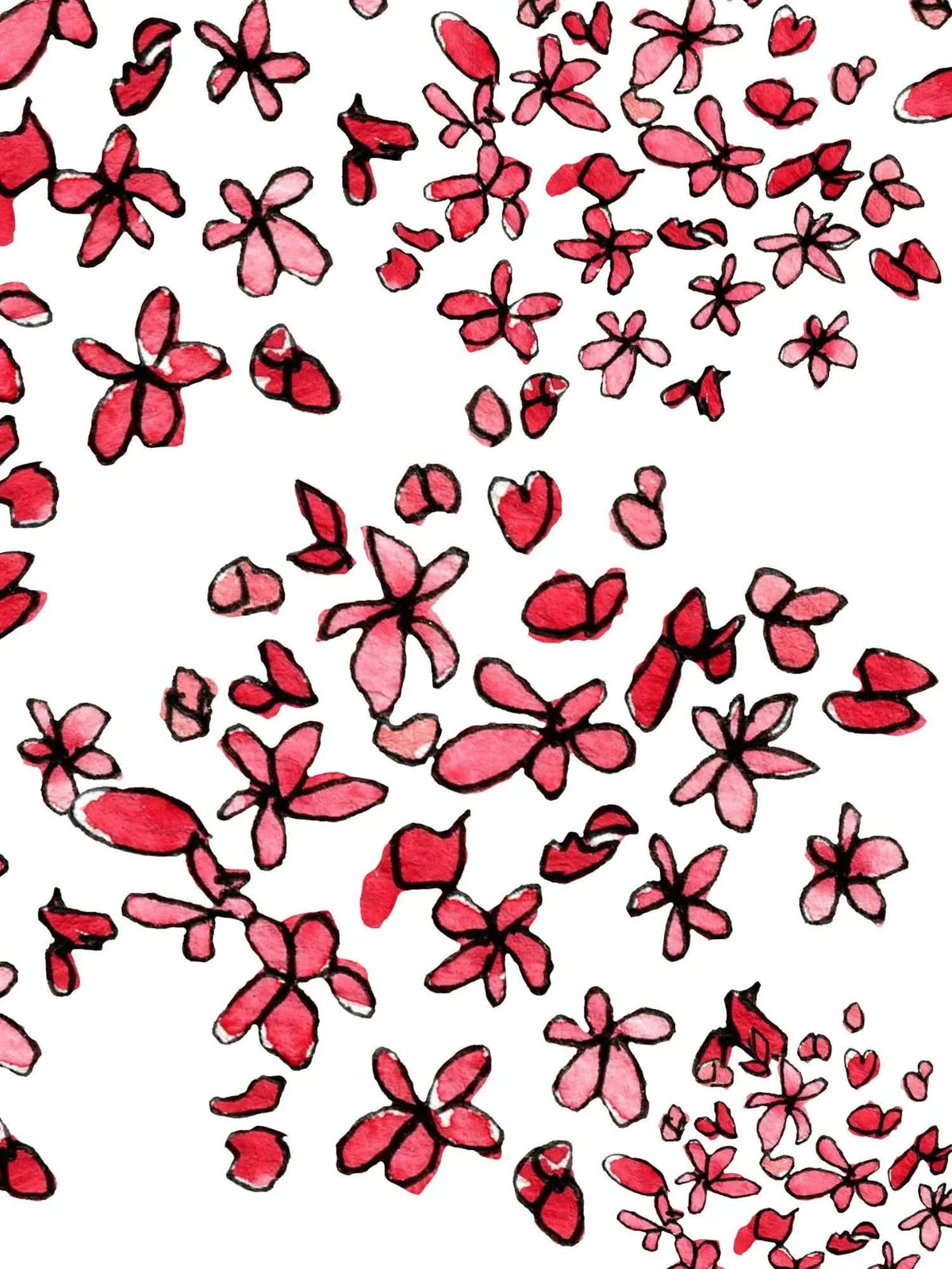 Fabric with a pattern of scattered pink and red watercolor flowers on a white background.