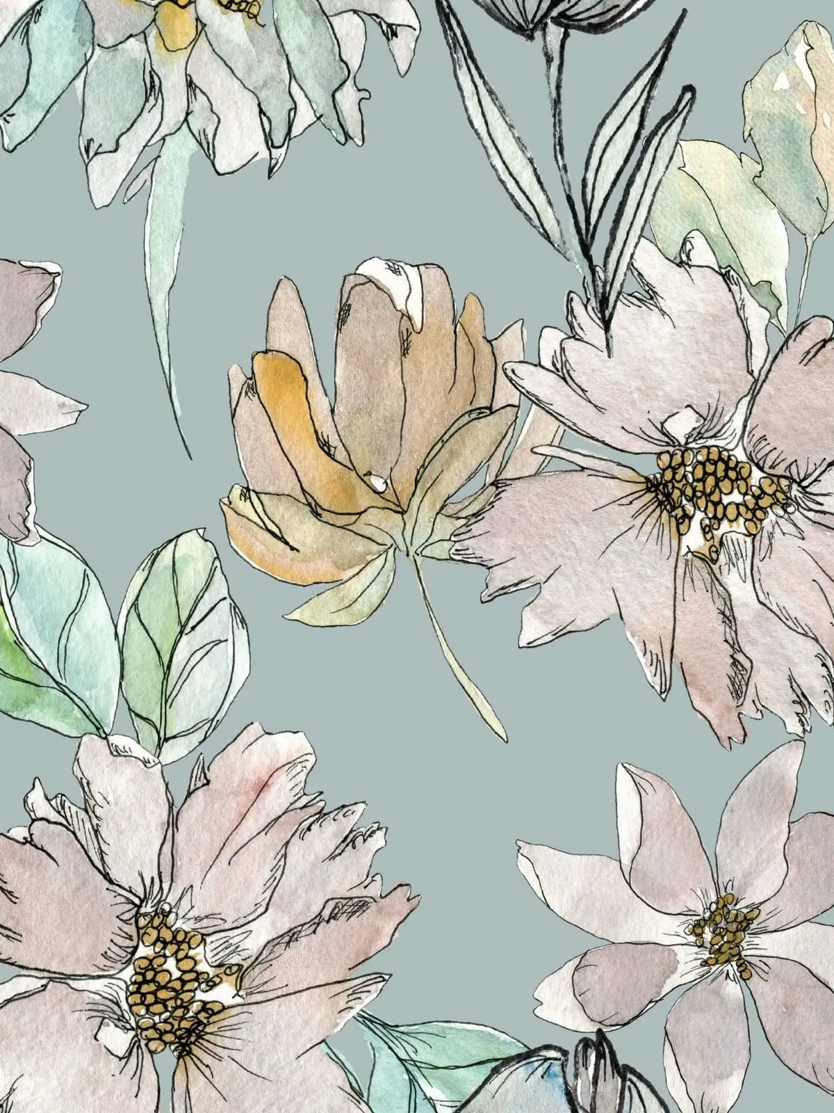 A fabric with a watercolor floral pattern in muted tones on a light blue background.