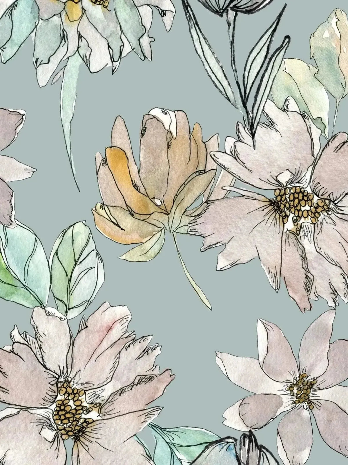 Blue floral fabric with watercolor-style flowers and leaves on a misty background.