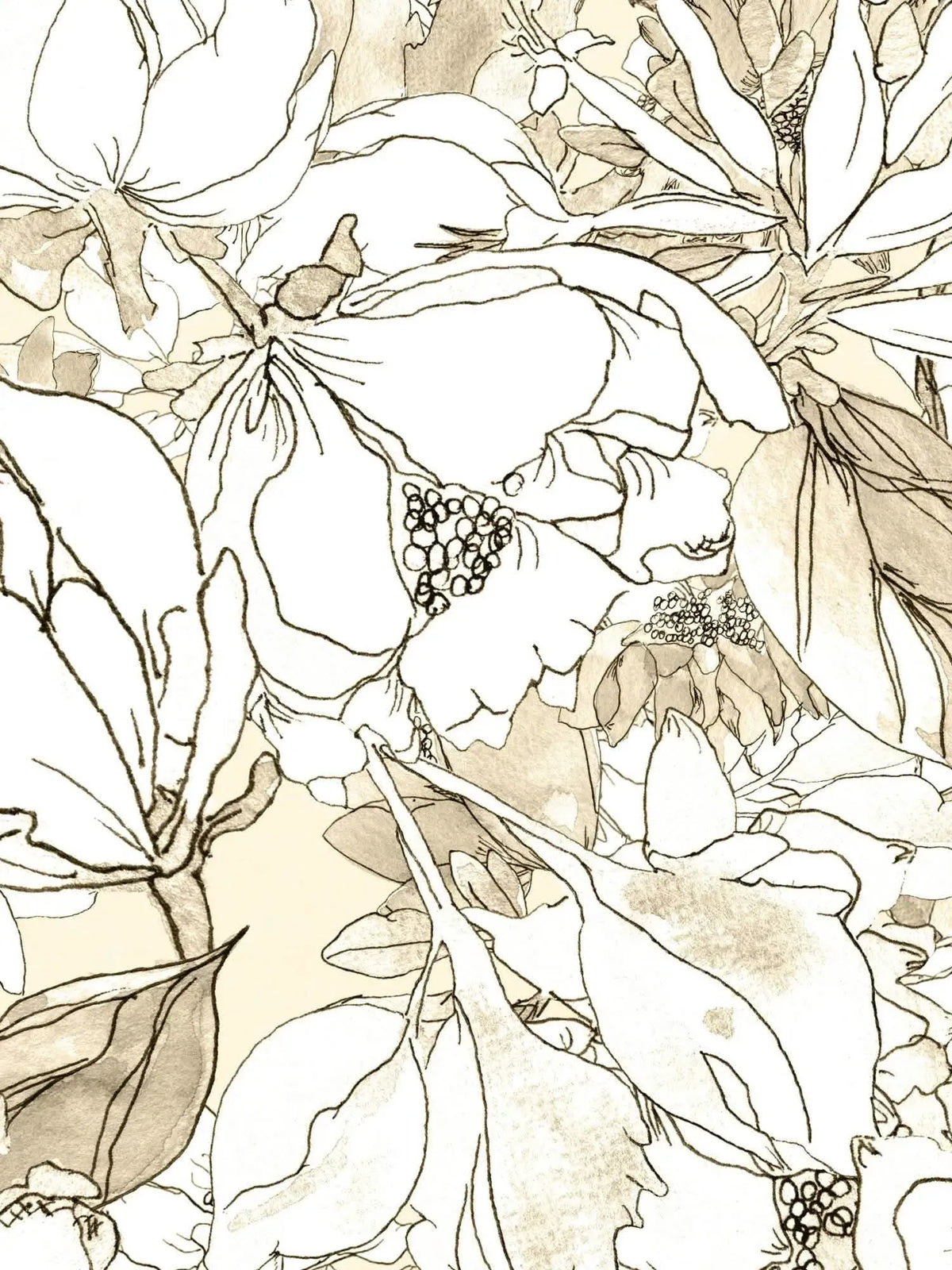 A seamless pattern of sketched flowers and leaves in sepia tones on a light background.