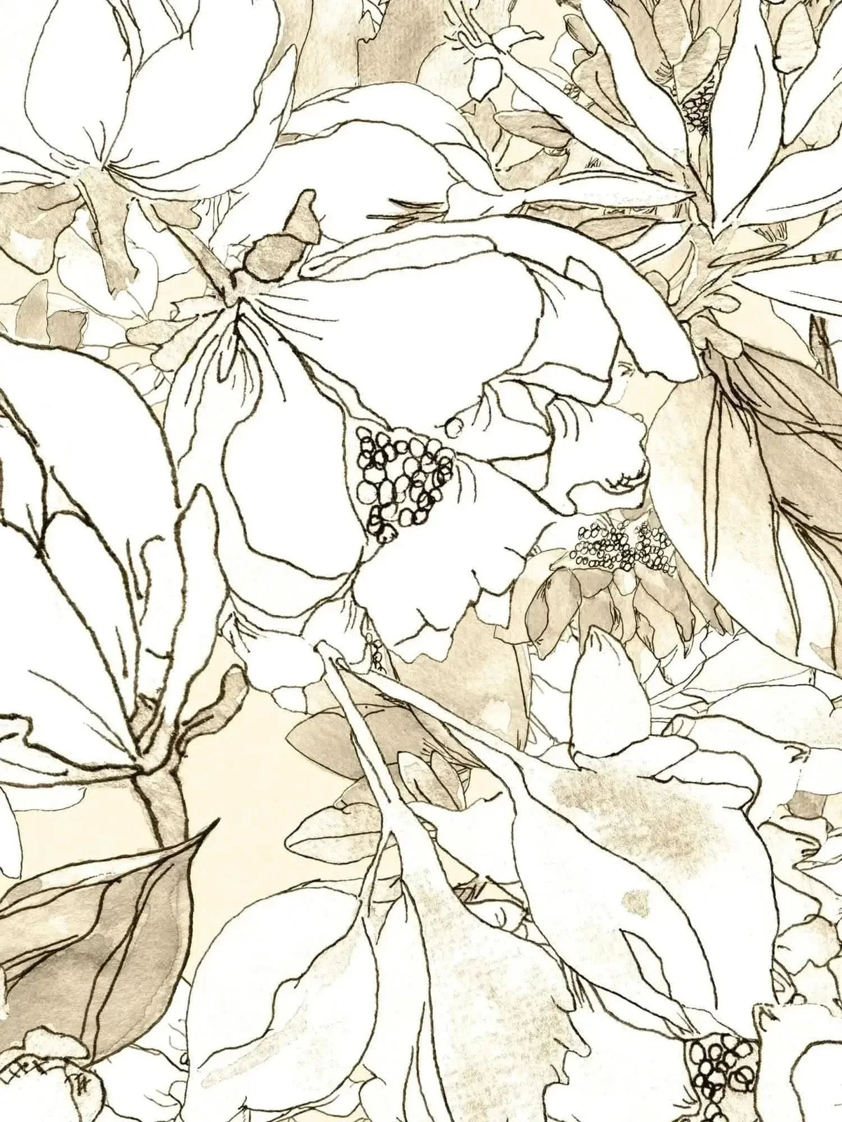 Light blue sketch-style floral botanical print on fabric.
