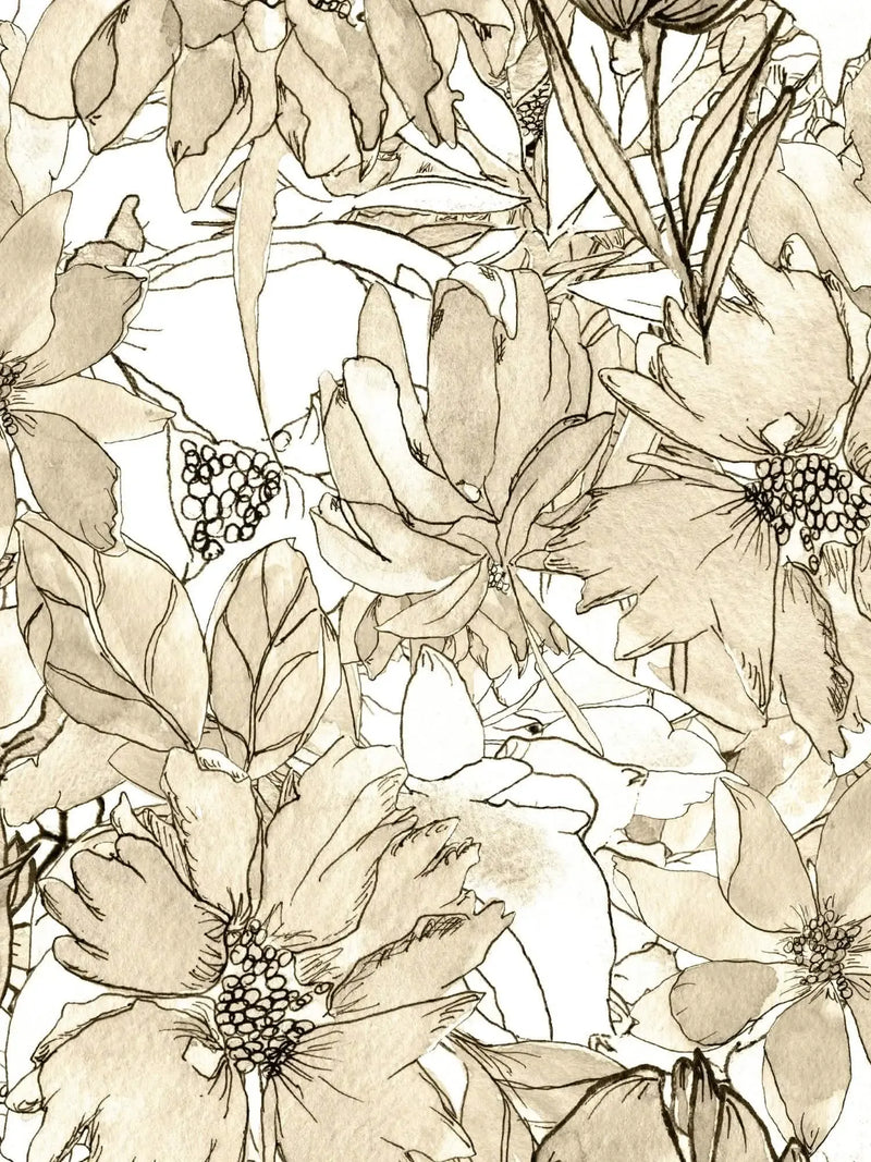 A sepia-toned fabric with a seamless pattern of hand-drawn flowers and berries.
