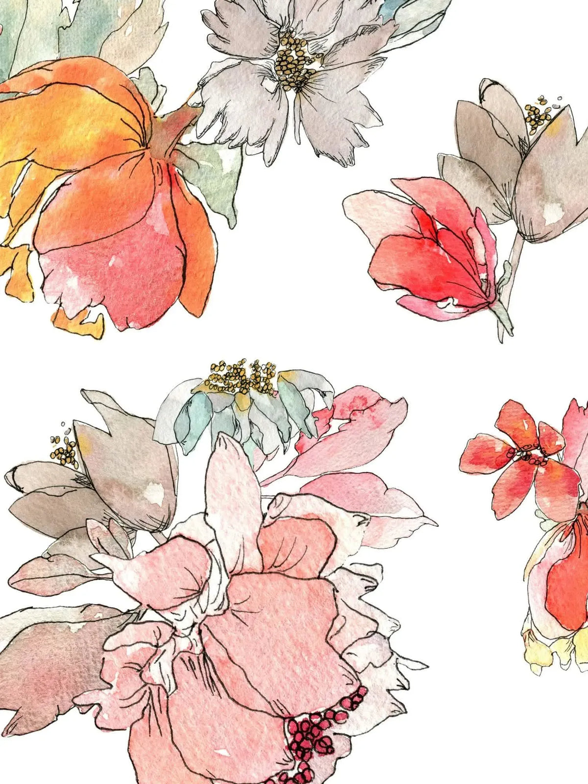Watercolor floral pattern with various flowers in shades of red, orange, pink, and gray.