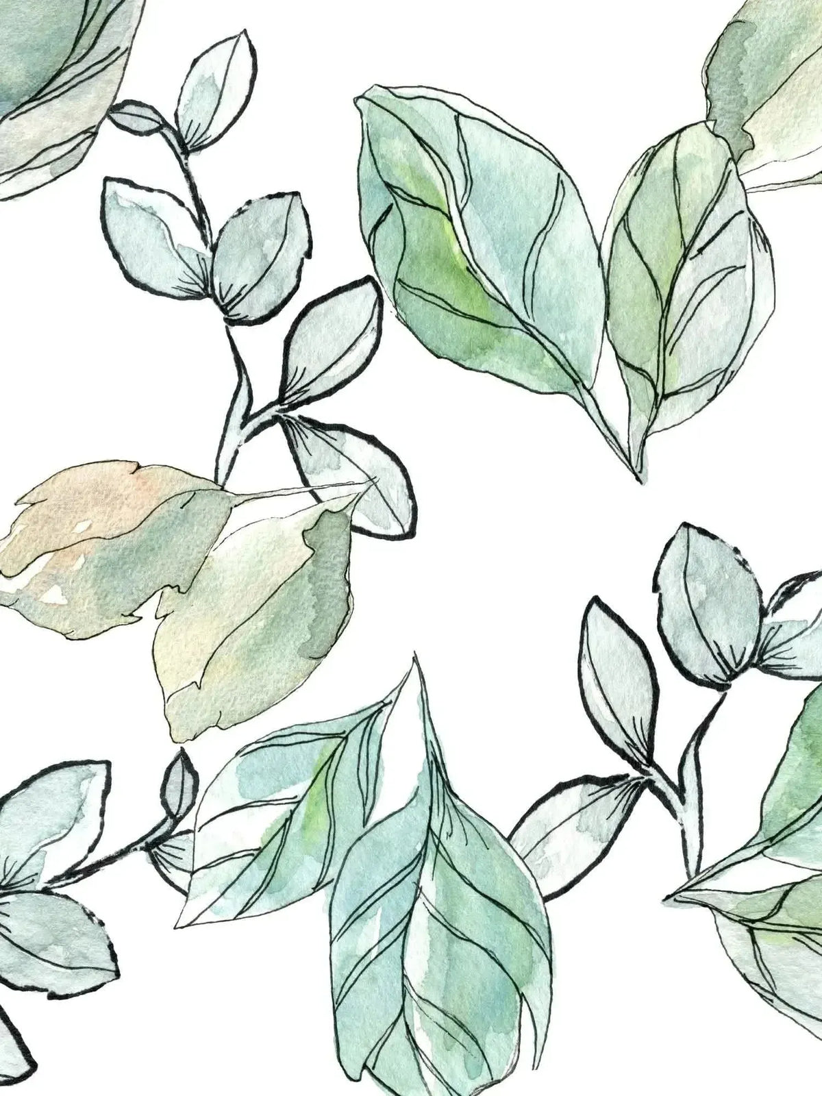 White fabric with watercolor-style green eucalyptus leaves and stems.