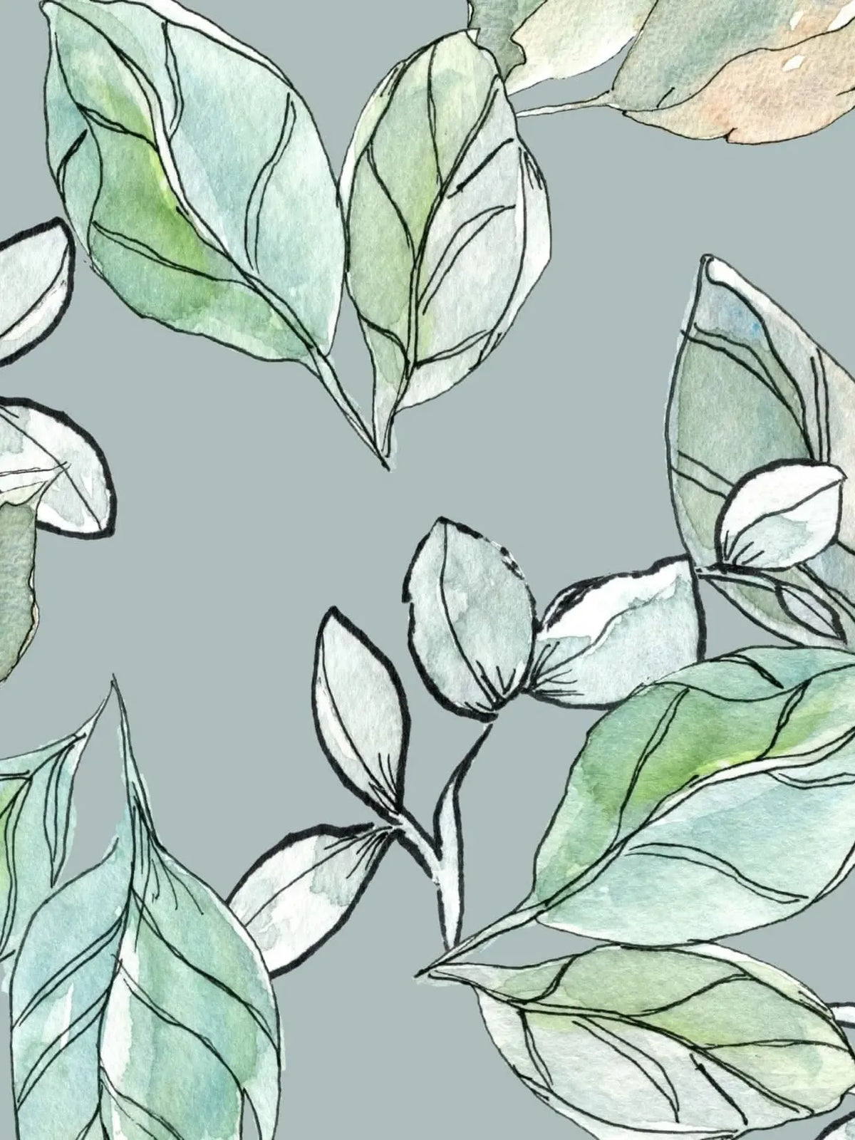 Willow Mist fabric with a watercolor leaf pattern on a light blue-gray background.