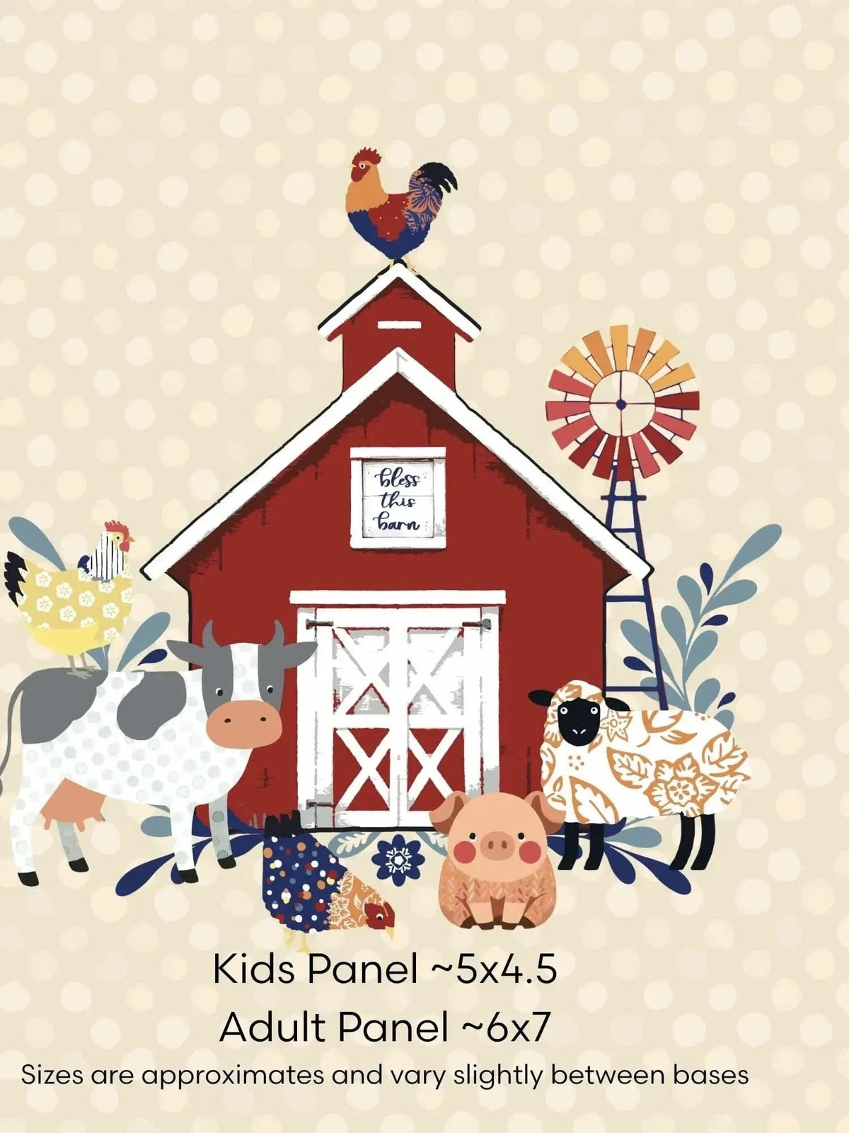 Farm theme fabric panel with red barn, animals, and size info for kids and adults.