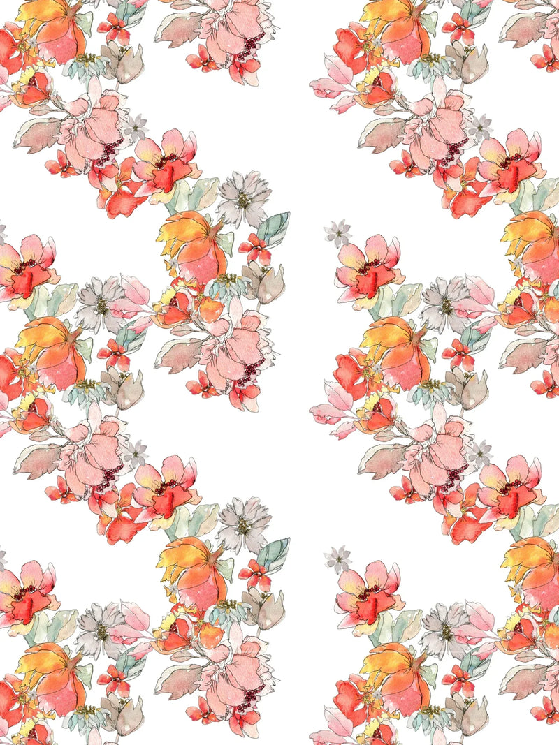 A white fabric with a repeating pattern of watercolor flowers in shades of orange, pink, and grey.