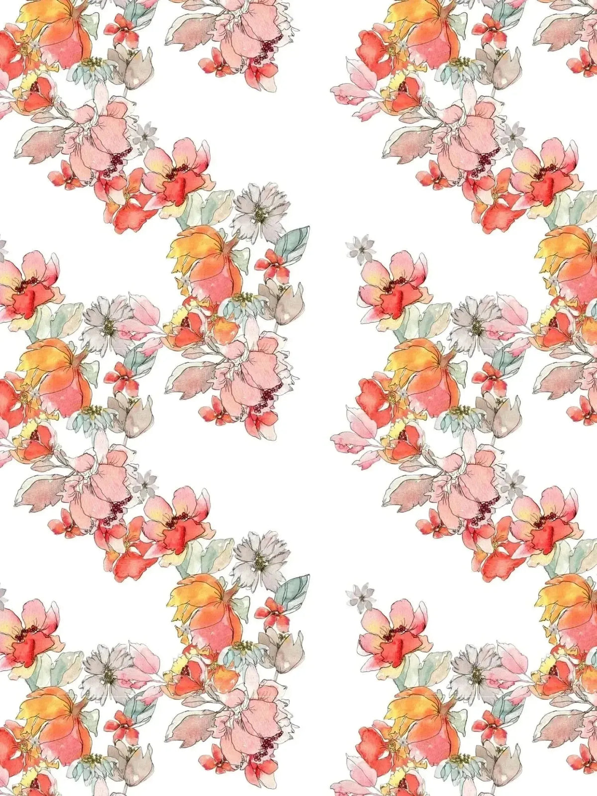 White fabric with repeating pink and orange floral pattern.