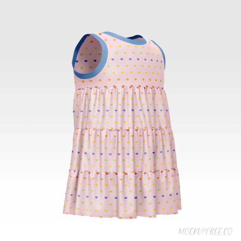 A pink tiered dress with colorful heart patterns and blue trim.