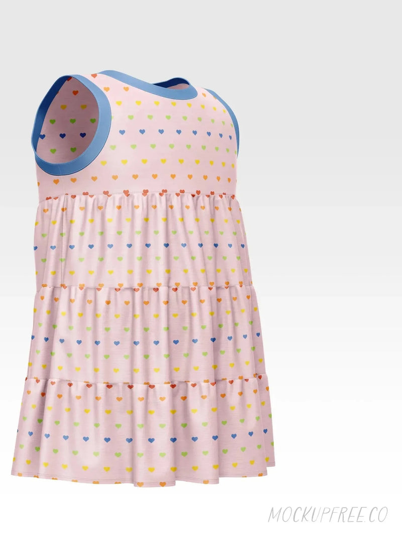 Pink tiered dress with colorful heart pattern and blue trim.
