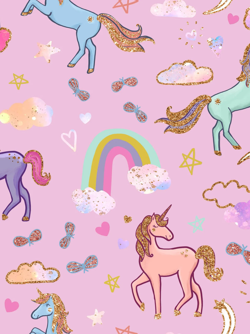 Pink fabric with unicorns, rainbows, clouds, stars, and hearts.