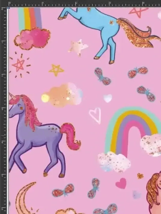 Pink unicorn sparkle print fabric with unicorns, rainbows, stars, and clouds.