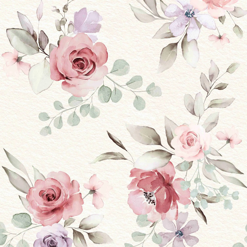 Pink watercolor floral pattern with roses and leaves on a light background.