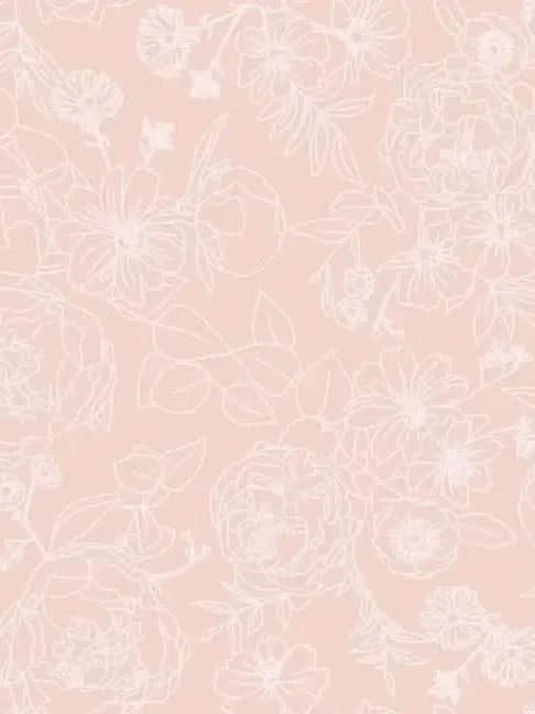 A light pink fabric with white outline illustrations of various flowers and leaves.
