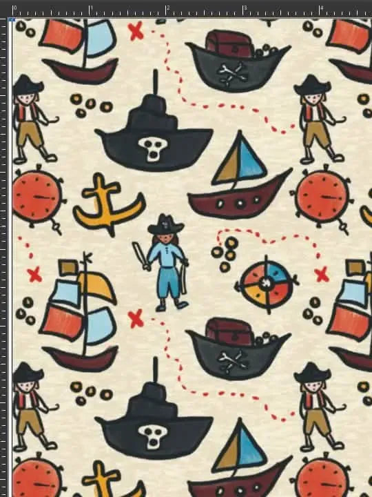 Pirate-themed fabric with ships, pirates, anchors, and treasure maps on a light background.