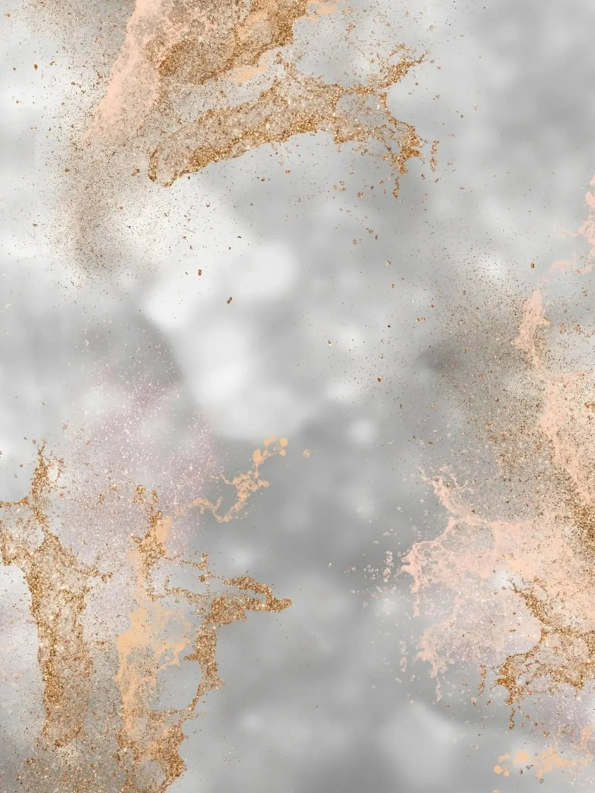 Abstract fabric with gold and peach splatters on a gray and white background.