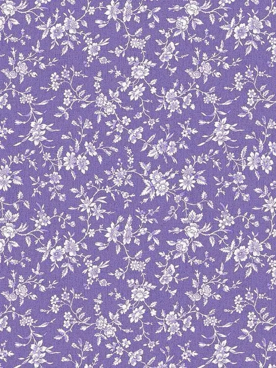 Purple fabric with a repeating pattern of white and light purple flowers and vines.