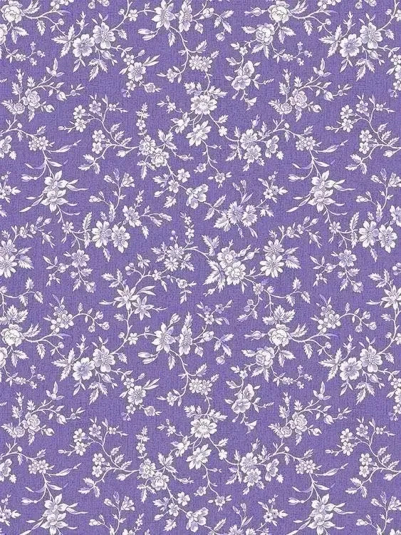 Purple fabric with scattered white floral posies pattern.