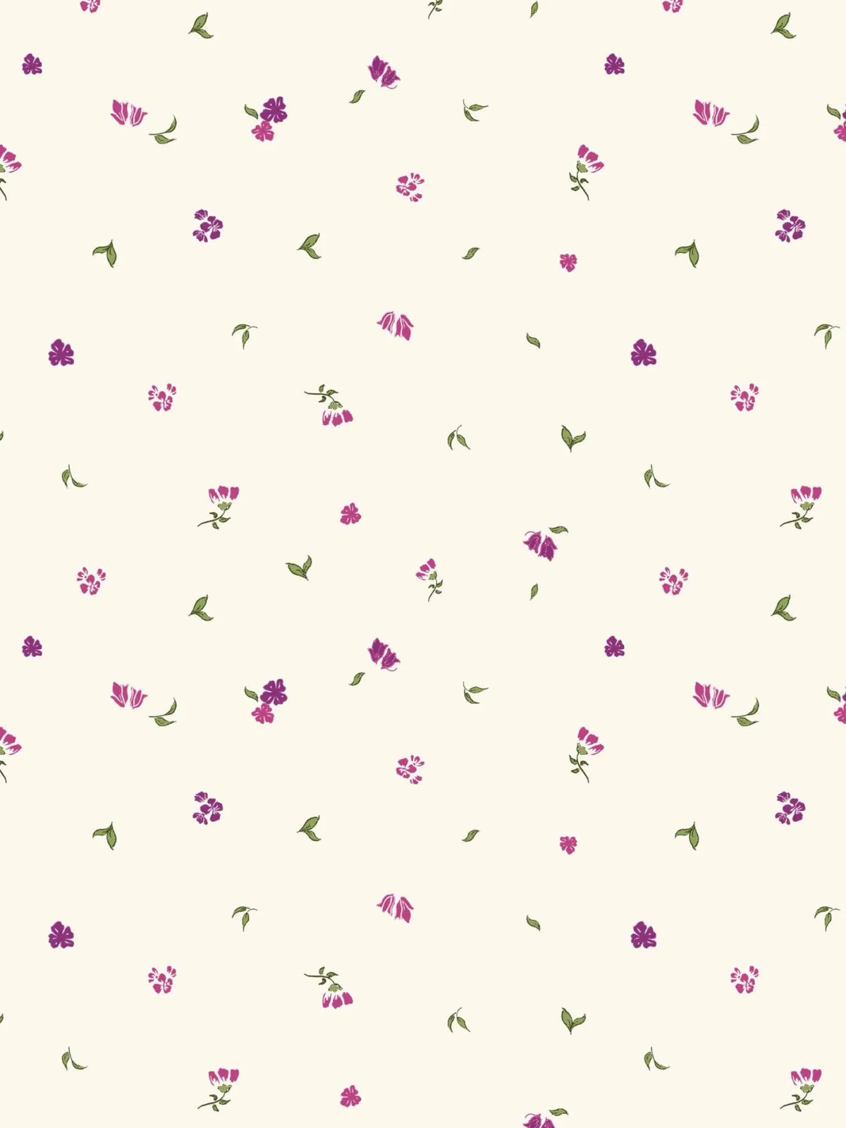 Fabric with scattered small purple and pink flowers and green leaves on a light background.
