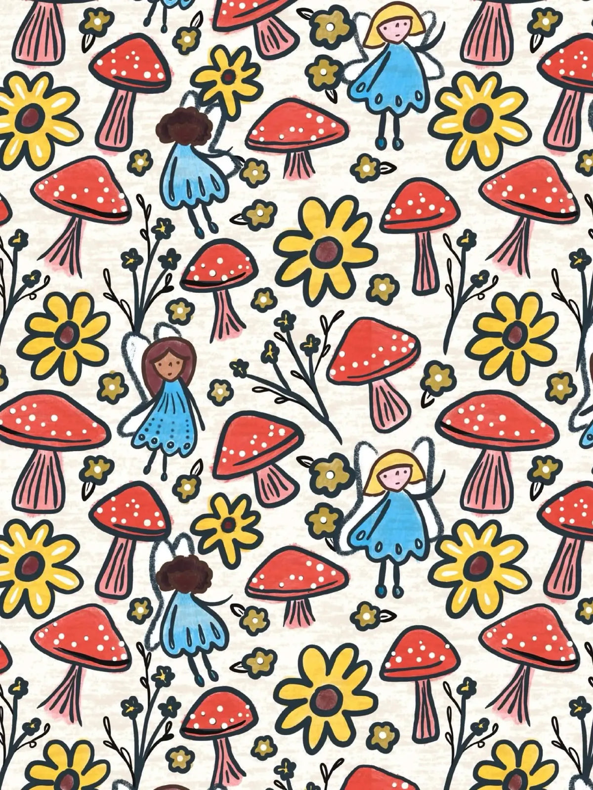 A whimsical fabric print with fairies, red mushrooms, and yellow flowers on a cream background.