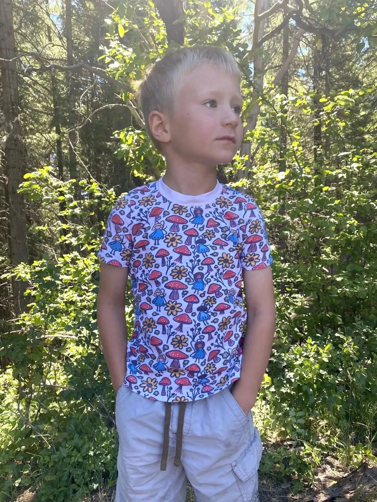 Close-up of Princess Garden Fairy Floral Fabric Print showing delicate floral and fairy motifs.