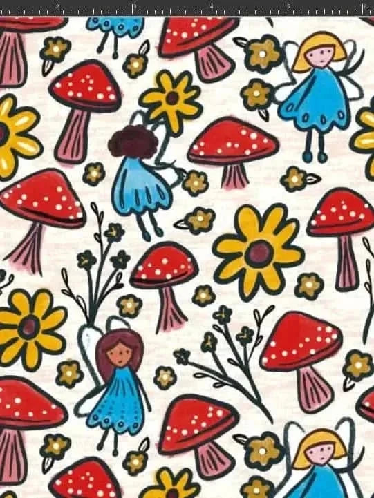 Fabric print with whimsical fairies, red mushrooms, and yellow flowers on cream background.