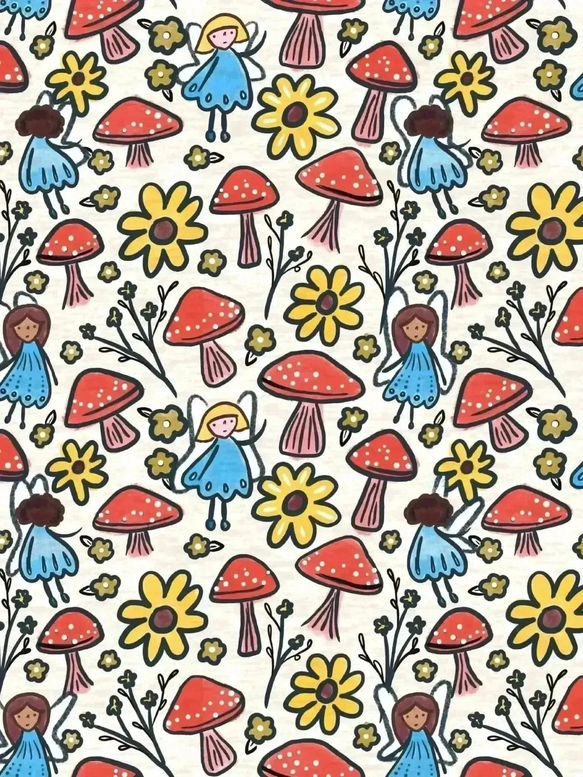 Canvas fabric with a whimsical pattern of blue and brown fairies, red mushrooms, and yellow sunflowers.