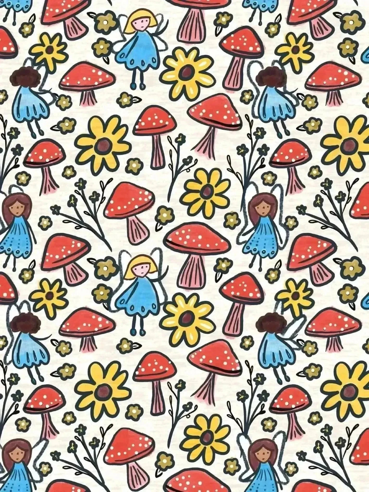 Canvas fabric with a whimsical pattern of blue and brown fairies, red mushrooms, and yellow sunflowers.