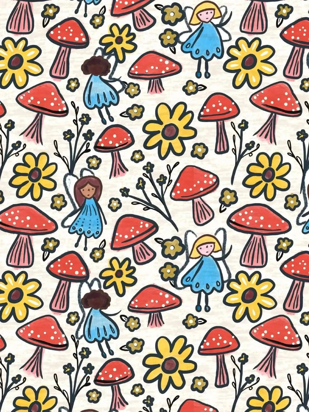 Whimsical fabric print with blue-winged fairies, red mushrooms, and yellow flowers on white.