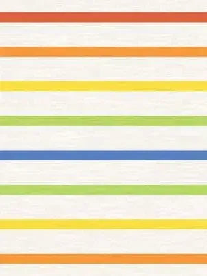Fabric with horizontal rainbow stripes on a cream background.