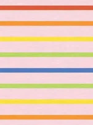 Pink fabric with horizontal stripes in red, orange, yellow, green, and blue.