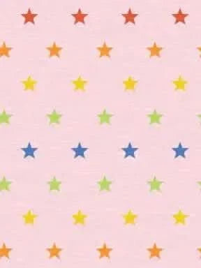 A pink fabric with a repeating pattern of rainbow-colored stars.
