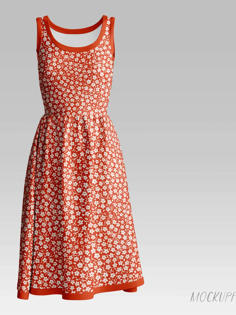 Red floral dress with white flowers and an orange trim.
