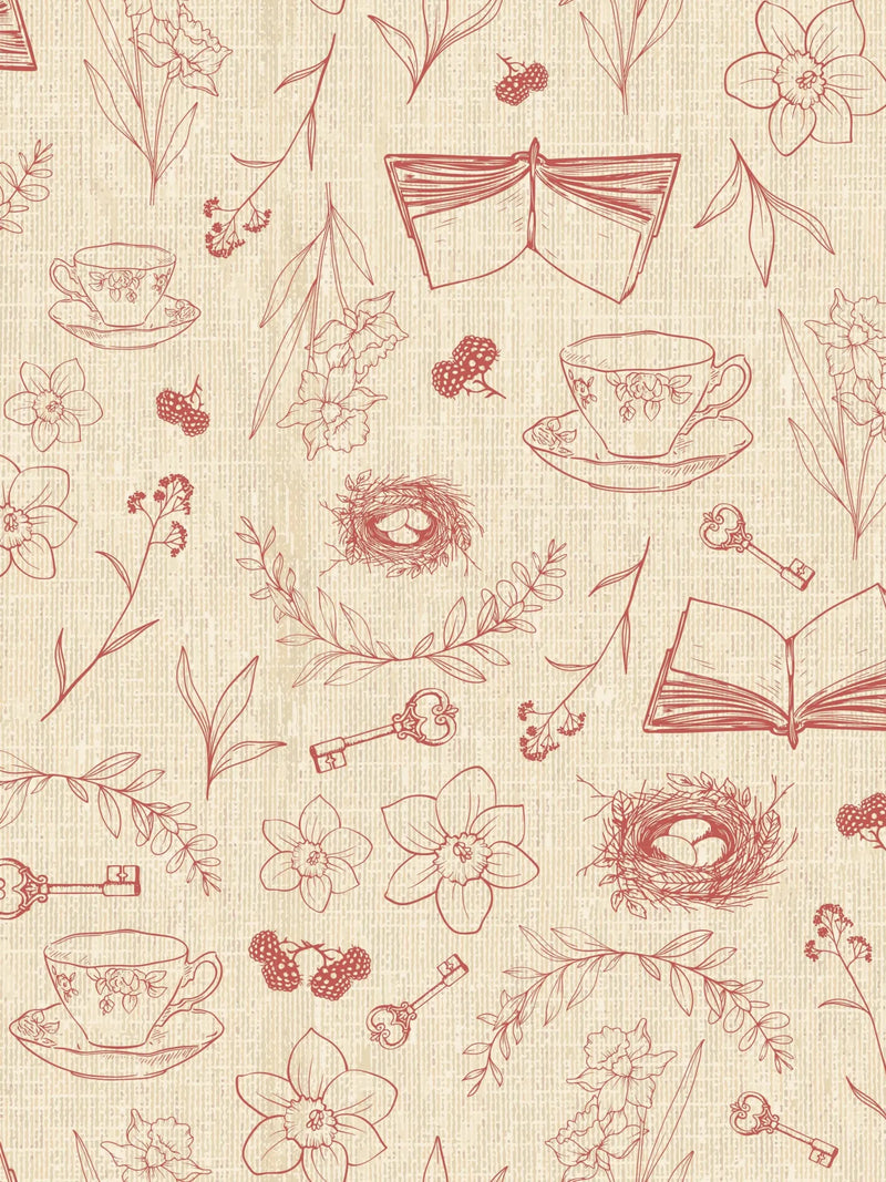 A beige fabric with a repeating pattern of red line art illustrations.