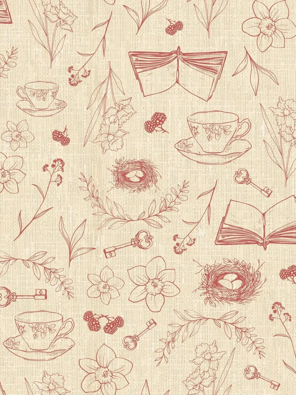 Red toile fabric print with daffodils, open books, teacups, cherries, nests, and keys on beige background.