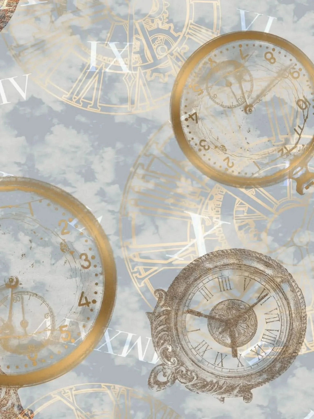 A seamless pattern of vintage clocks and Roman numerals on a cloudy background.