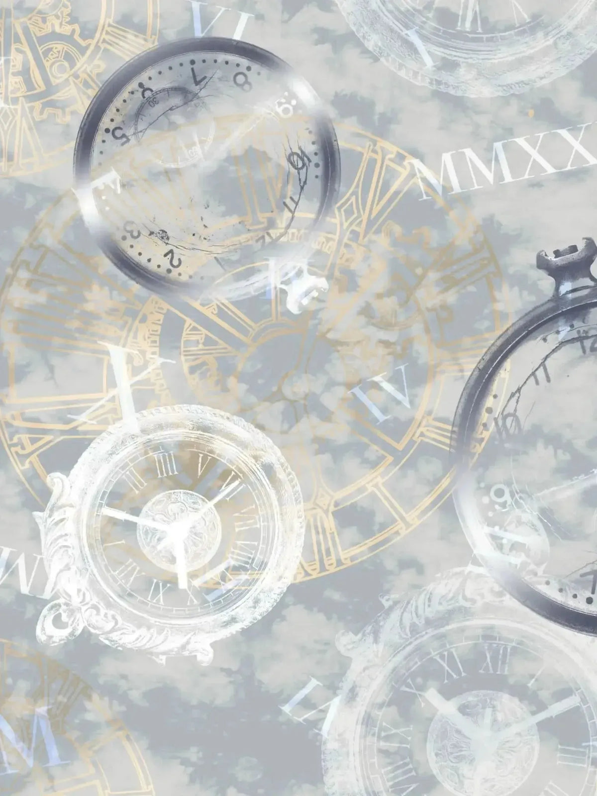 Blue fabric with ethereal celestial clocks, Roman numerals, and faith-inspired motifs.