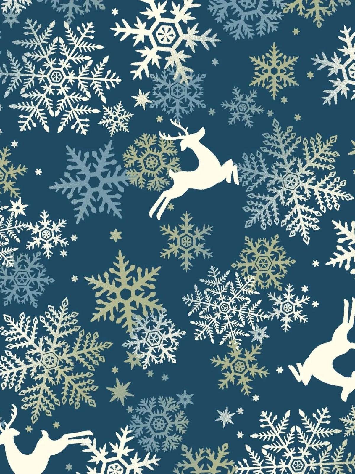 A dark blue fabric with white and light green snowflakes and jumping reindeer.