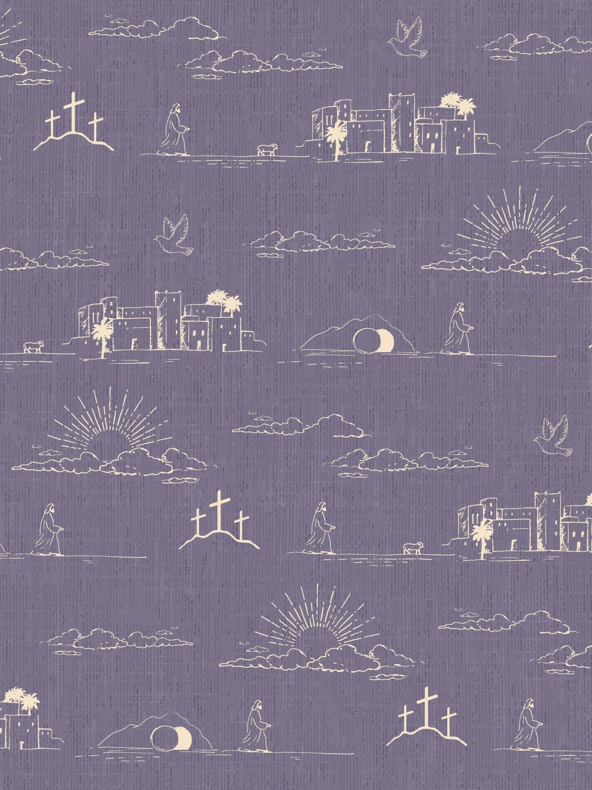A purple fabric with a repeating pattern of Jesus, crosses, an empty tomb, and a town.