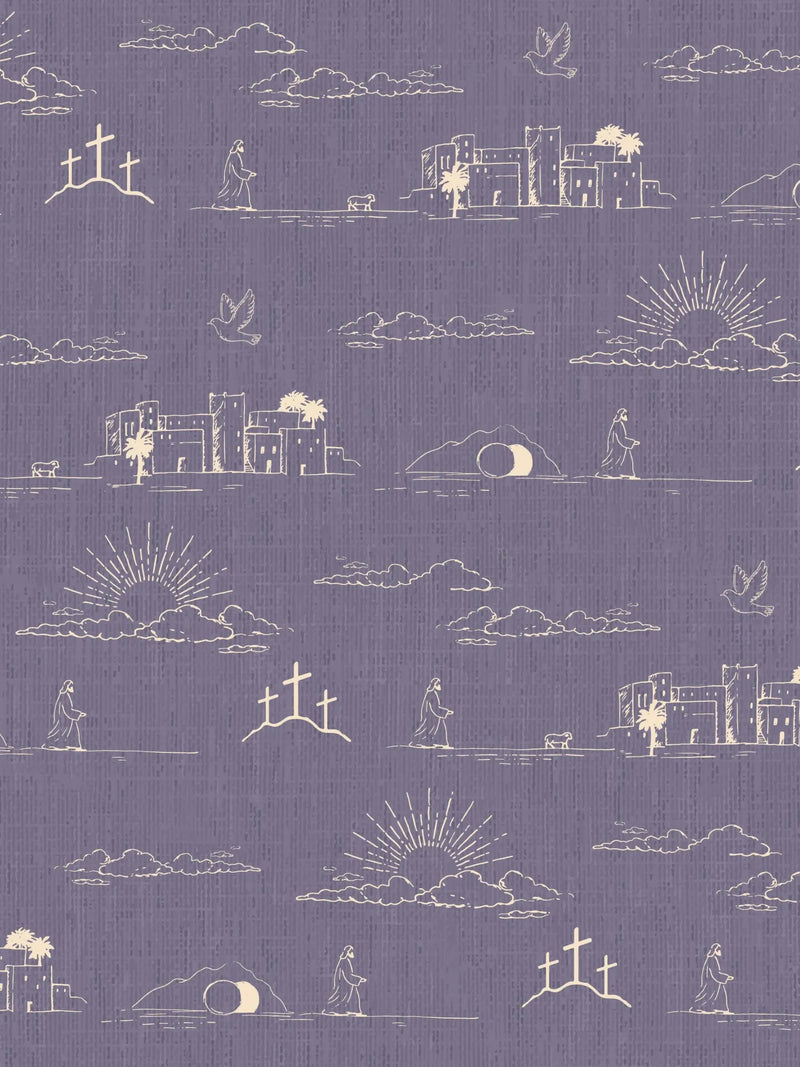 A purple fabric with a repeating pattern of Jesus, crosses, an empty tomb, and a town.
