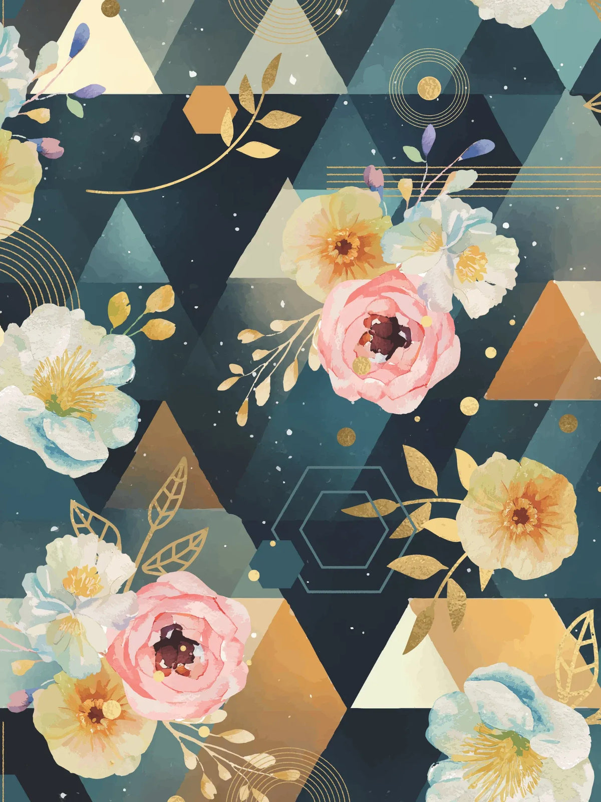 A fabric with a dark background, geometric shapes, and watercolor flowers.