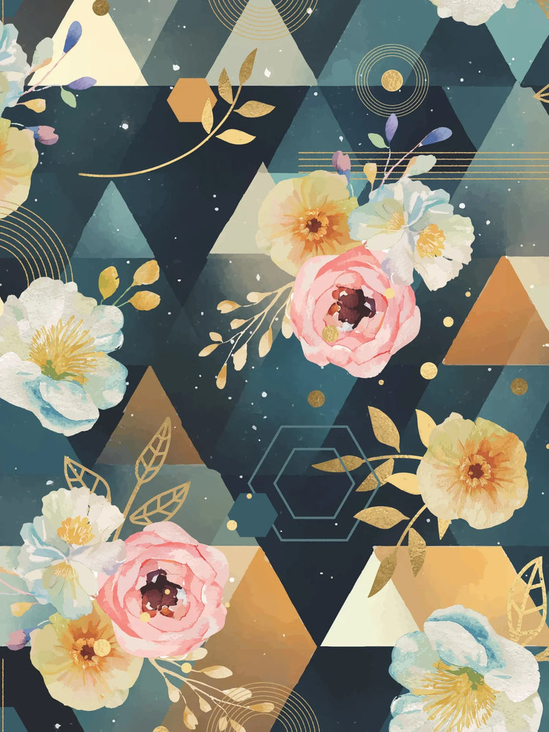 A fabric with a dark background, geometric shapes, and watercolor flowers.