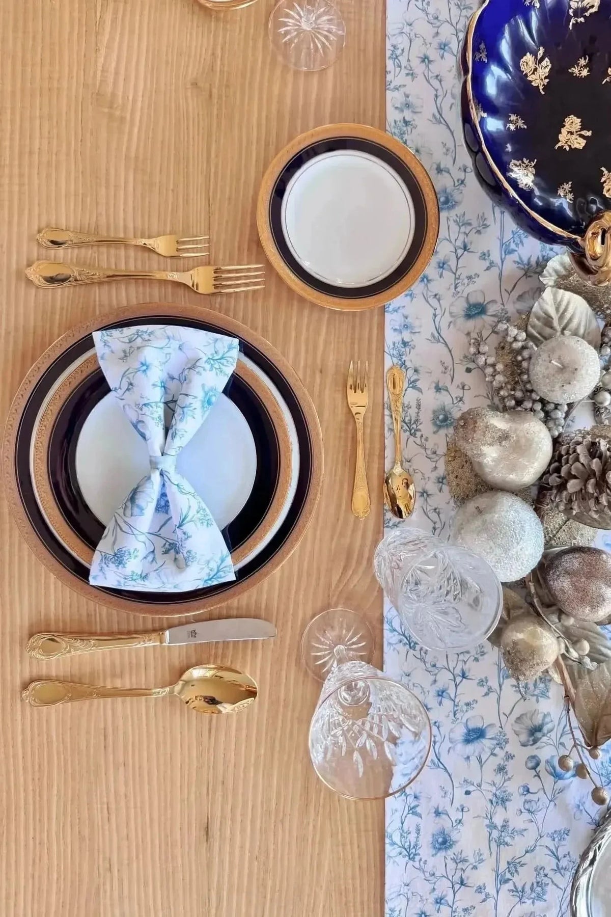 Blue garden symphony botanical print fabric with floral pattern on white background.