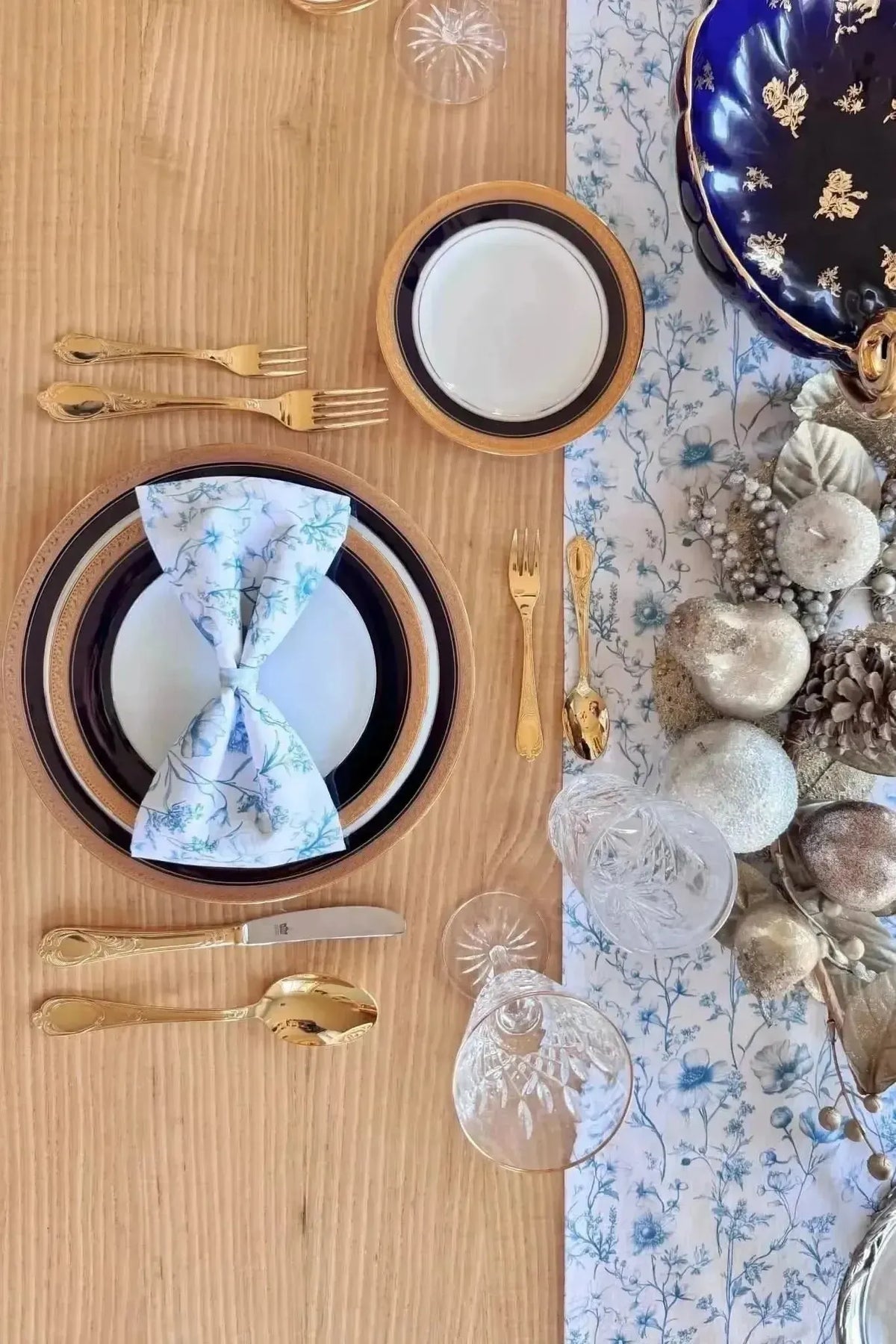 Blue garden symphony botanical print fabric with floral pattern on white background.