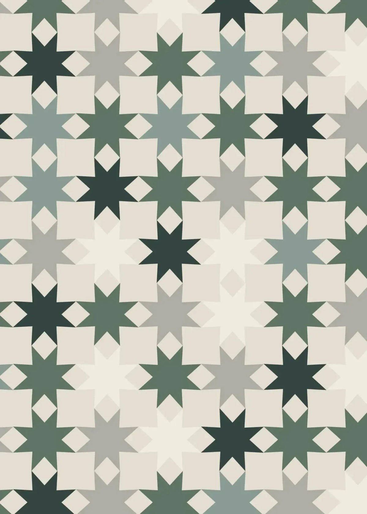 Green-grey geometric star print fabric with a repeating star pattern on cream background.